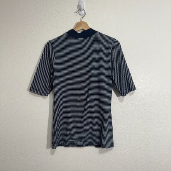 ANTHROPOLOGIE T LA Mock Neck Stripe Top Navy Blue White Small Casual Boho Cute - Picture 6 of 7